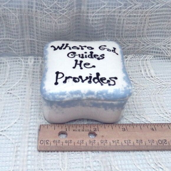 Handmade Ceramic Square Trinket Dish White and Blue Lidded With Message - Picture 7 of 9